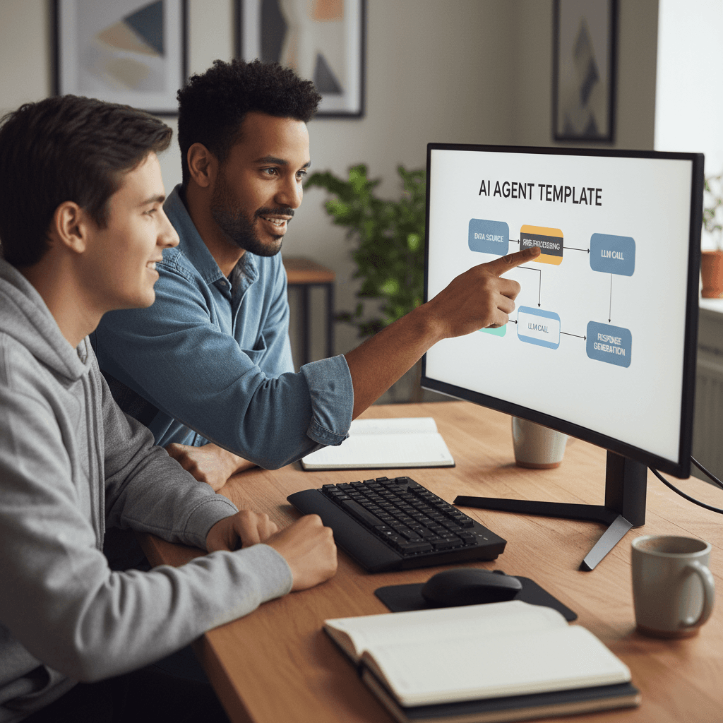 Two developers collaborating with ML Formula template builder interface