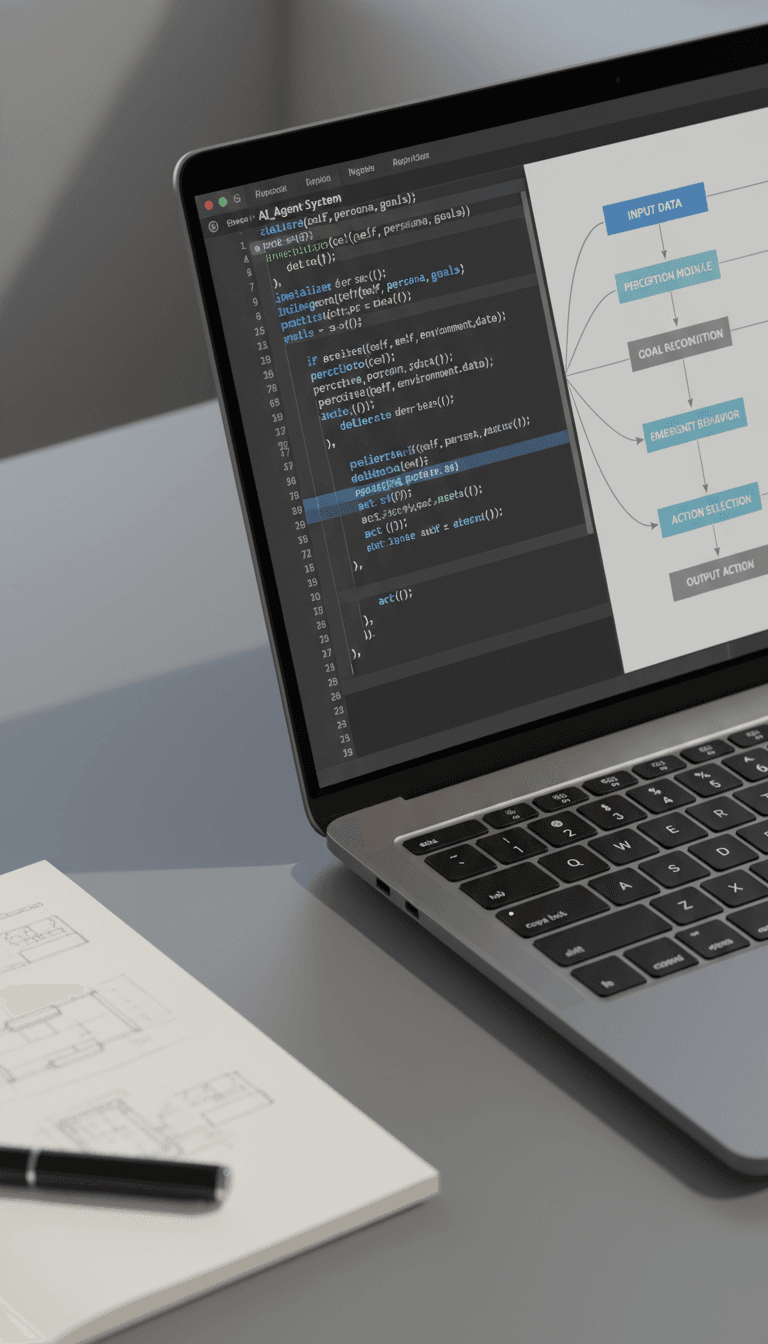 Laptop screen displaying AI agent template code and workflow diagrams