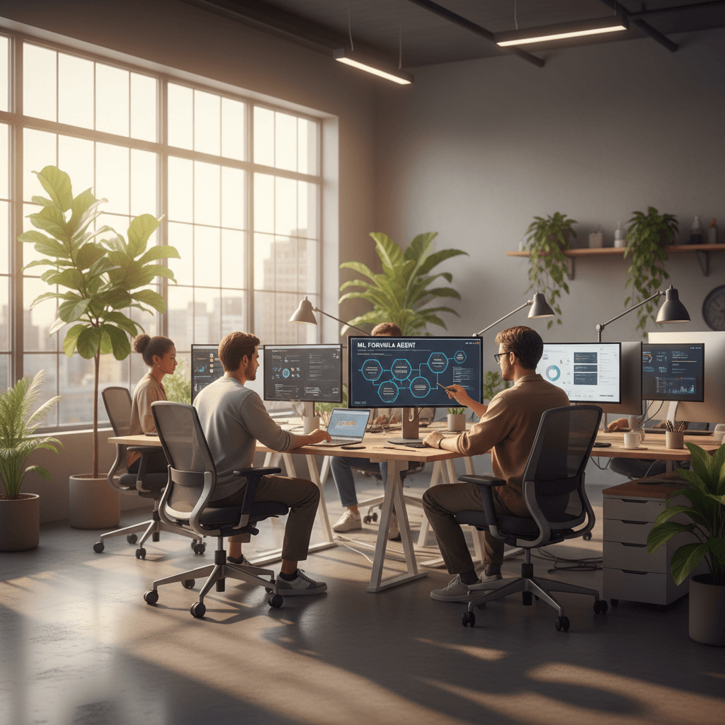 Team collaborating around multiple screens with ML Formula agent pipeline visible