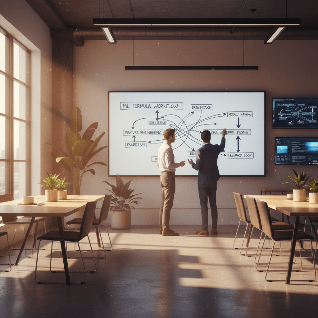 Team members collaborating on ML Formula workflow design at whiteboard