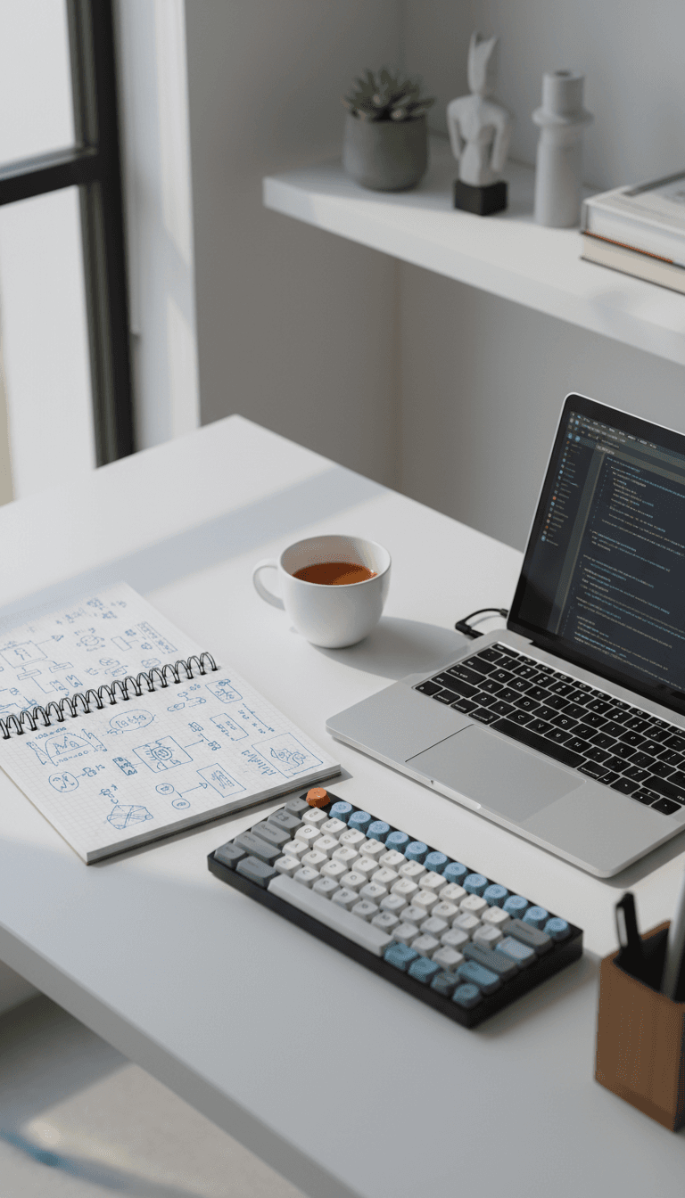 Developer workspace with code, notebook, and framework documentation