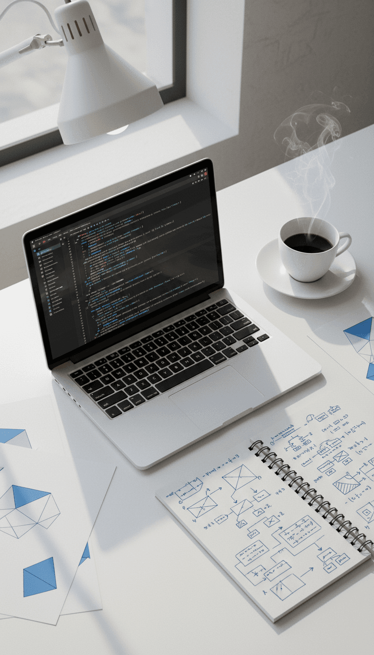 Developer's desk with laptop showing code and handwritten formulas in notebook