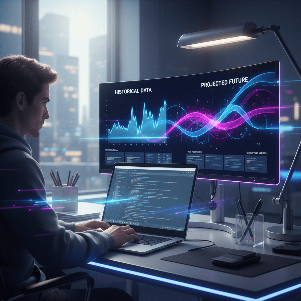 Predictive ML model visualization showing forecasting trends and performance curves